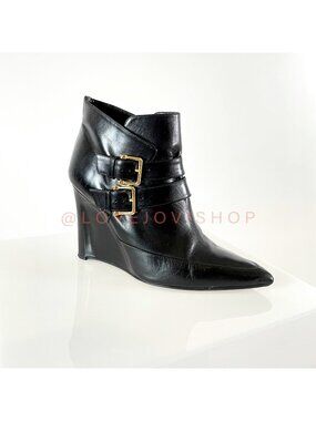 Minimalist | Derek Lam Black Leather Ankle Boot Wedge | Pointy Toe | Gold Buckle